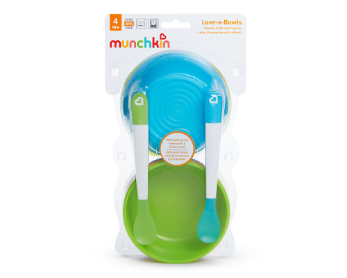 Munchkin тарелки миски детские с крышками набор 4шт., 2 ложки для прикорма Love-a-Bowls™ с 6 мес.