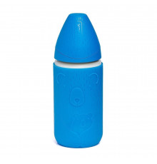 Suavinex бутылка 0+ из стекла 240 мл Meaningful Life с силиконовым чехолом синий