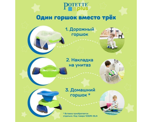 Potette Plus горшок складной для путешествий + 3 одноразовых пакета, зеленый/голубой