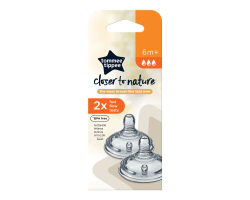 Tommee Tippee соска силиконовая для бутылочки Closer to nature, быстрый поток, 6+, 2 шт.