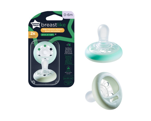 Tommee Tippee соска-пустышка силиконовая ночная Night Time Breast-like, 0-6 мес., 2 шт.