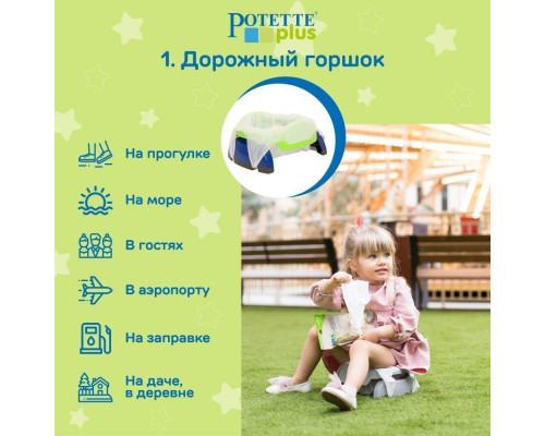 Potette Plus горшок складной для путешествий + 3 одноразовых пакета, зеленый/голубой