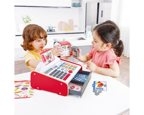 Hape игрушка касса деревянная с набором наклеек, калькулятором, сканером, светом и звуком