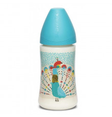 Suavinex бутылка 0+ 270 мл круглая силиконовая соска 3 потока Peacock, голубой павлин