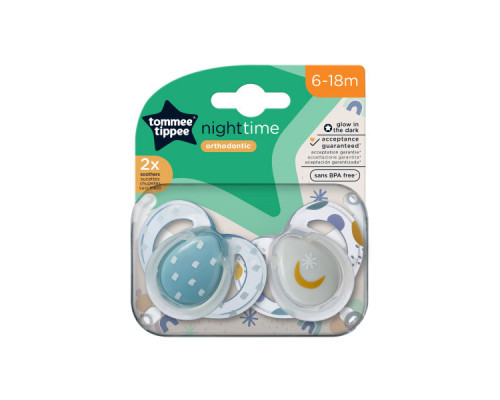 Tommee Tippee соска-пустышка силиконовая ночная Night Time, 6-18 мес., 2 шт.